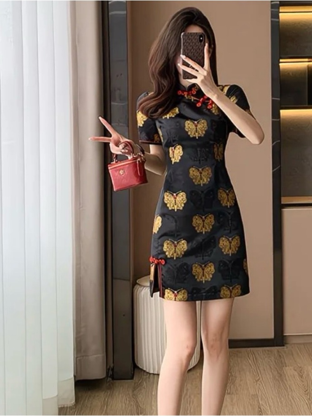 Black Mini Qipao Dress with Gold Butterfly Motif